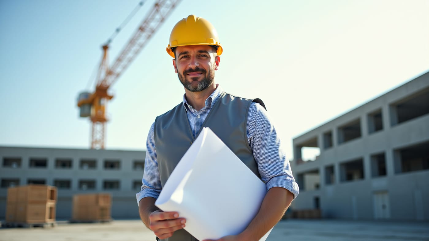 Engineer in a hard hat holding building plans